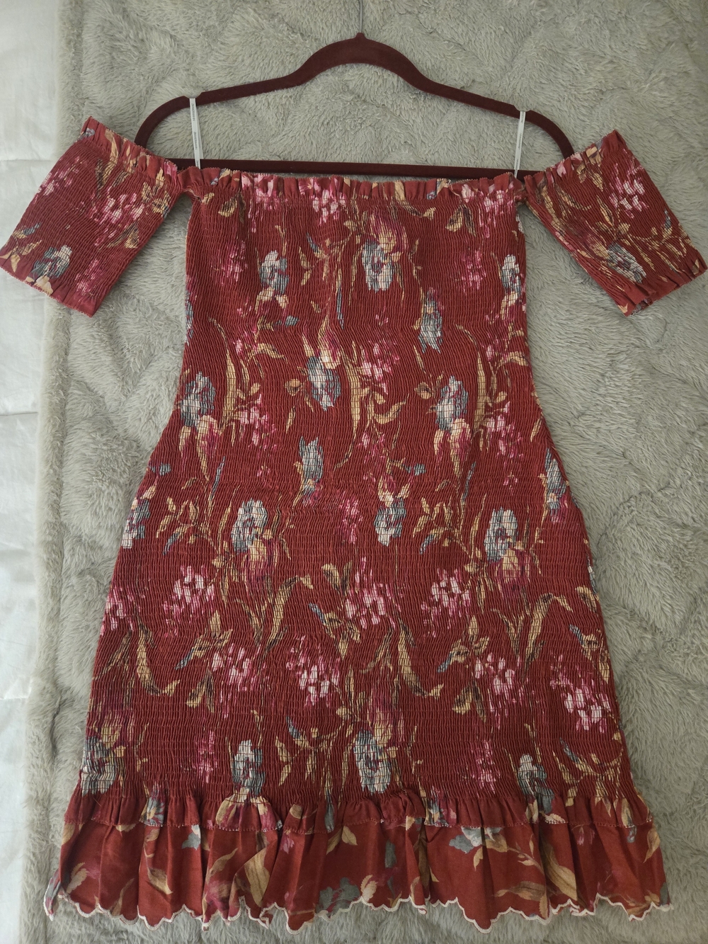 Off-Shoulder Floral Midi Dress in Deep Red
